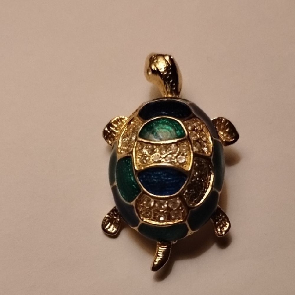 Gold-Tone Turtle Brooch with Blue and Green Enamel and Crystals